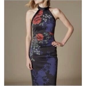 Karen Millen Pencil Dress Sleeveless Floral Halter Size 8 Cocktail Party